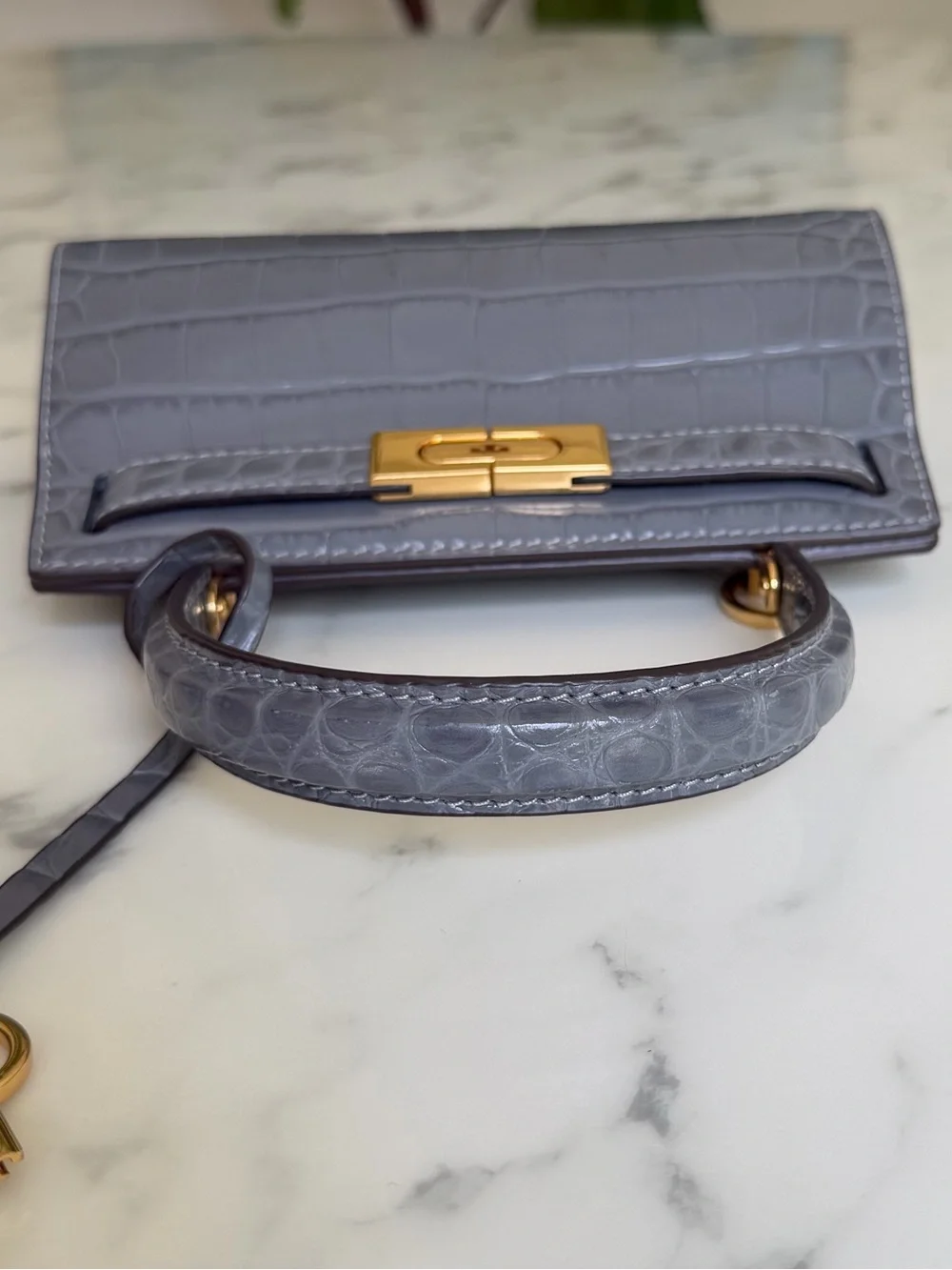Tory Burch Lee Radziwill Petite Bag in Zinc Gray Crocodile Croc Embossed Leather